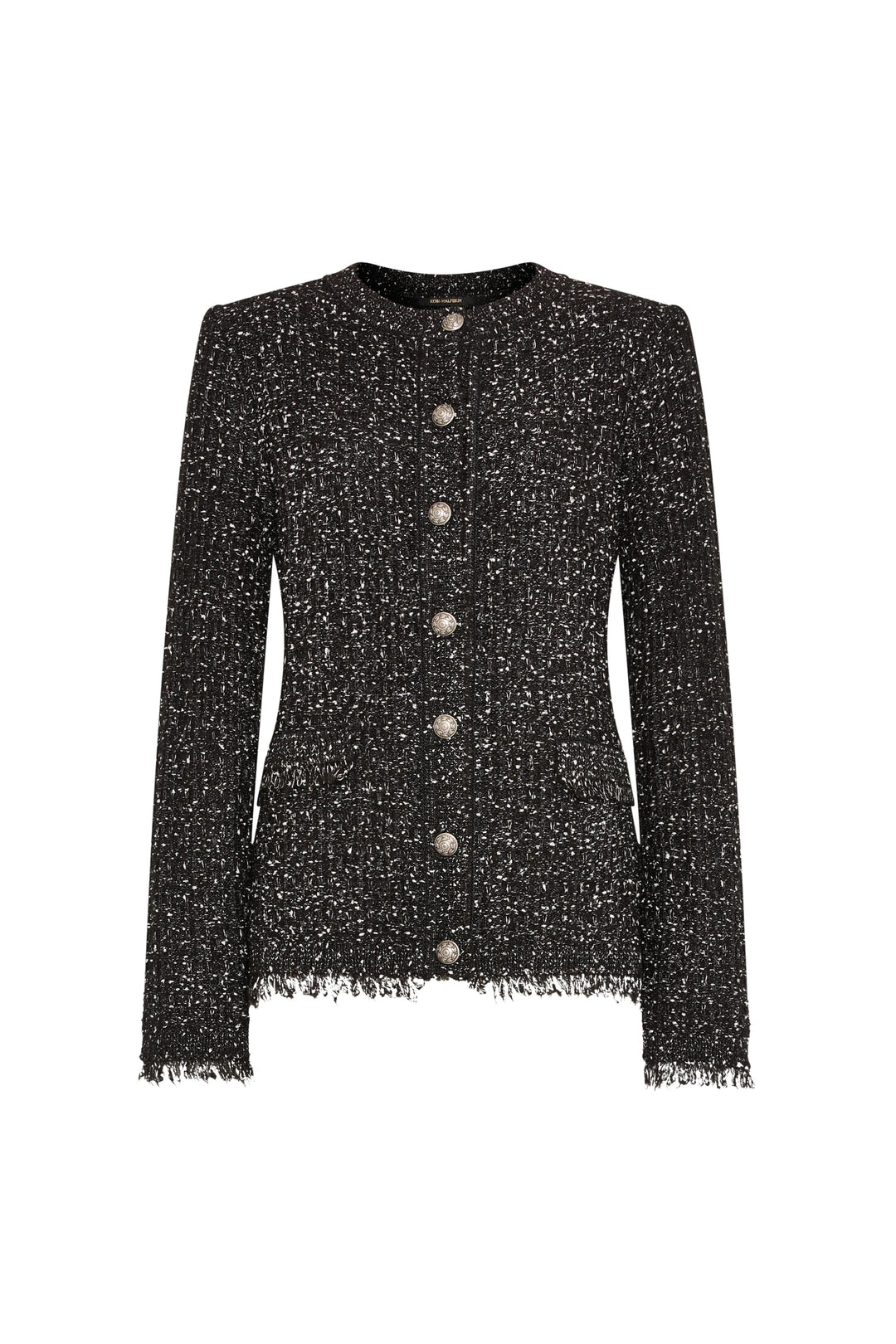 Black knit cardigan with metallic buttons, front pockets, frayed hem and cuffs. Front view on white.