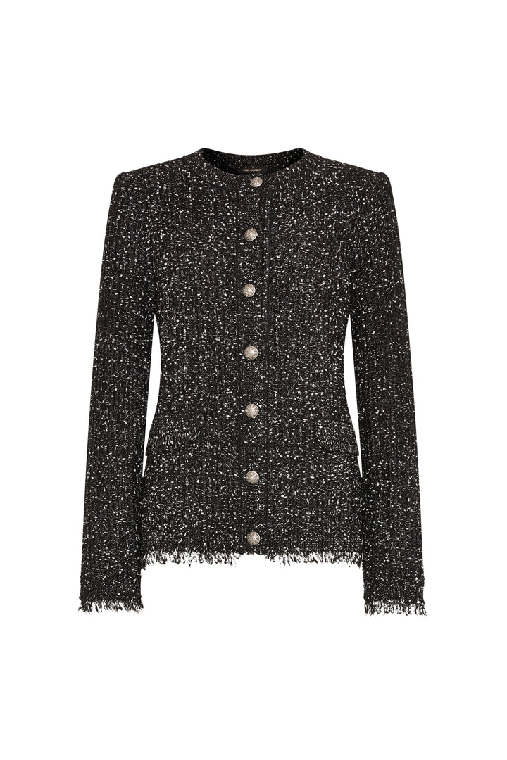 Black knit cardigan with metallic buttons, front pockets, frayed hem and cuffs. Front view on white.