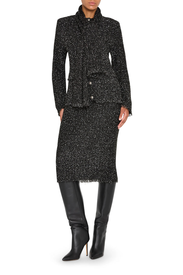 Relaxed-fit cardigan in tweed with scarf detail, structured shoulders and open front; front view on model.