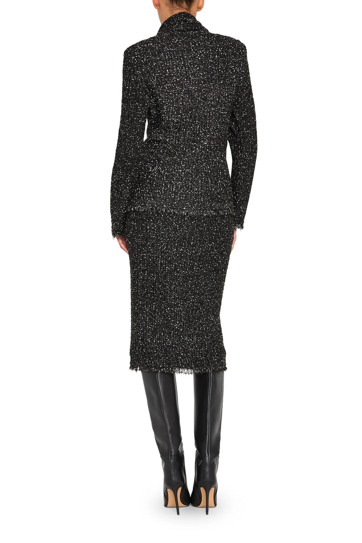 Faye Tweed Sweater Cardigan features a tailored silhouette and textured tweed knit; back view on model.