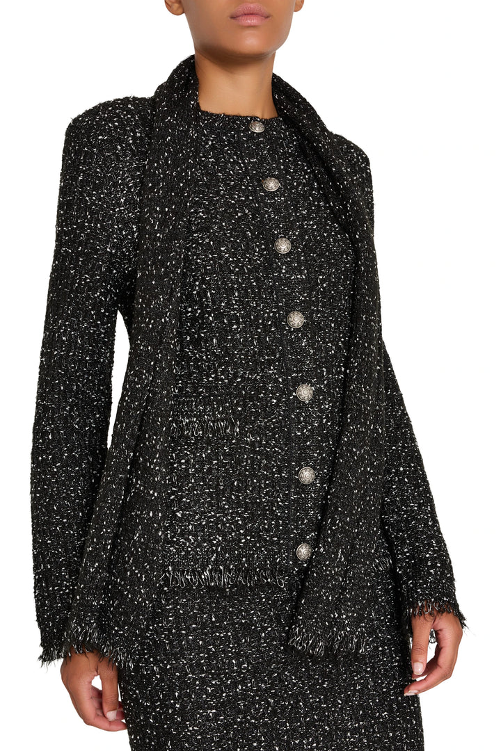 Boxy cardigan silhouette in textured fabric with silver button front, front view on model.