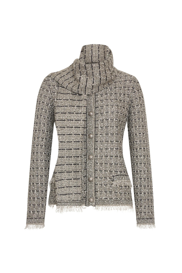 Cardigan silhouette in tweed, high collar, front buttons, fringe trim at cuffs and hem; front view on white.