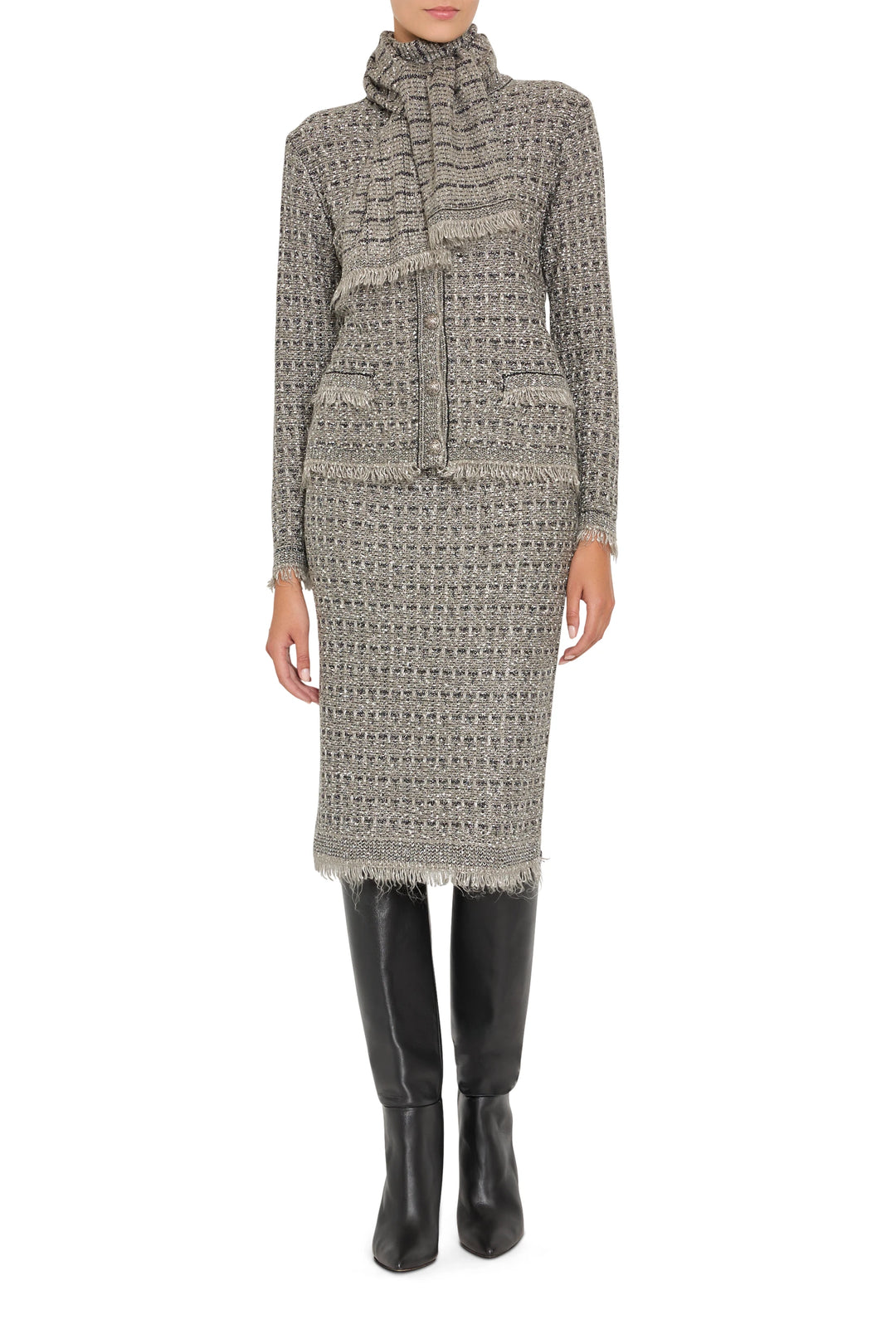 Straight-cut tweed sweater cardigan with button front and ribbed trim, hip length; front view on model.