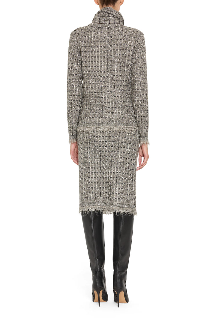 Boxy cardigan with textured tweed knit, button front, ribbed trim. Back view on model.
