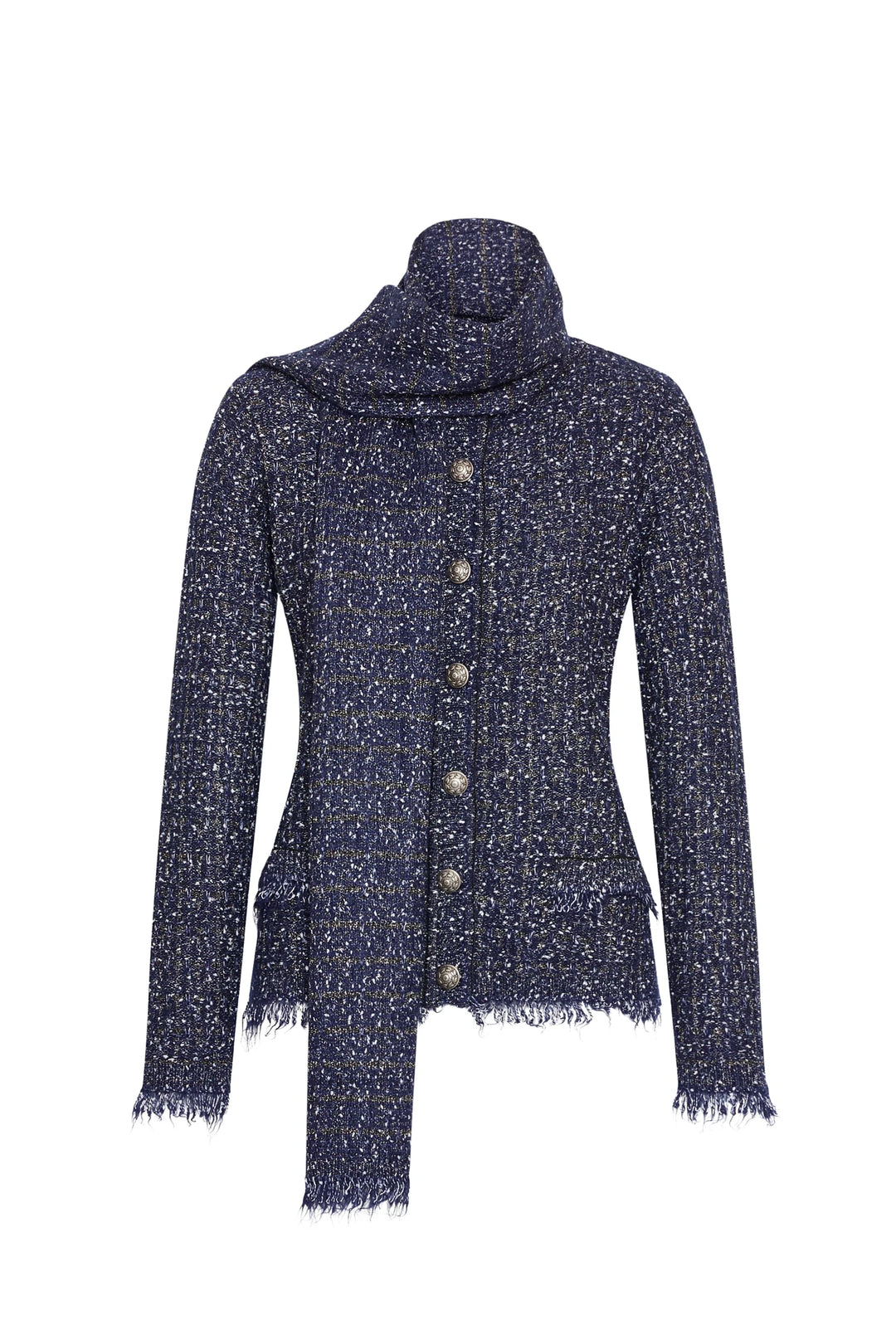 Navy tweed cardigan with silver buttons, long sleeves, frayed edges, and attached matching scarf; front view on white.