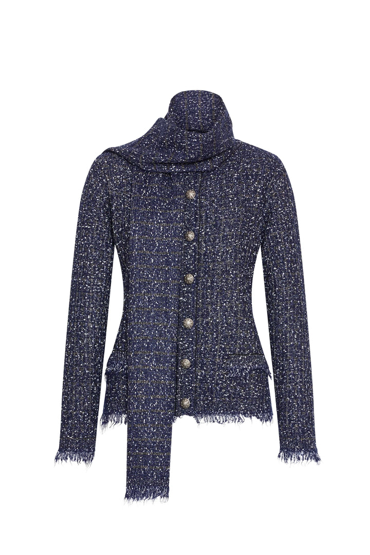 Navy tweed cardigan with silver buttons, long sleeves, frayed edges, and attached matching scarf; front view on white.