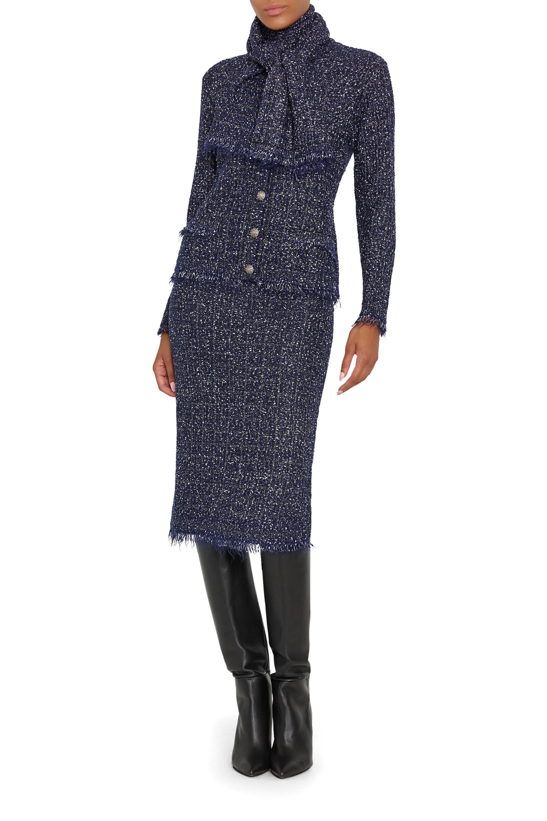 Tweed sweater cardigan with relaxed silhouette, ribbed trims, button front. Front view on model.