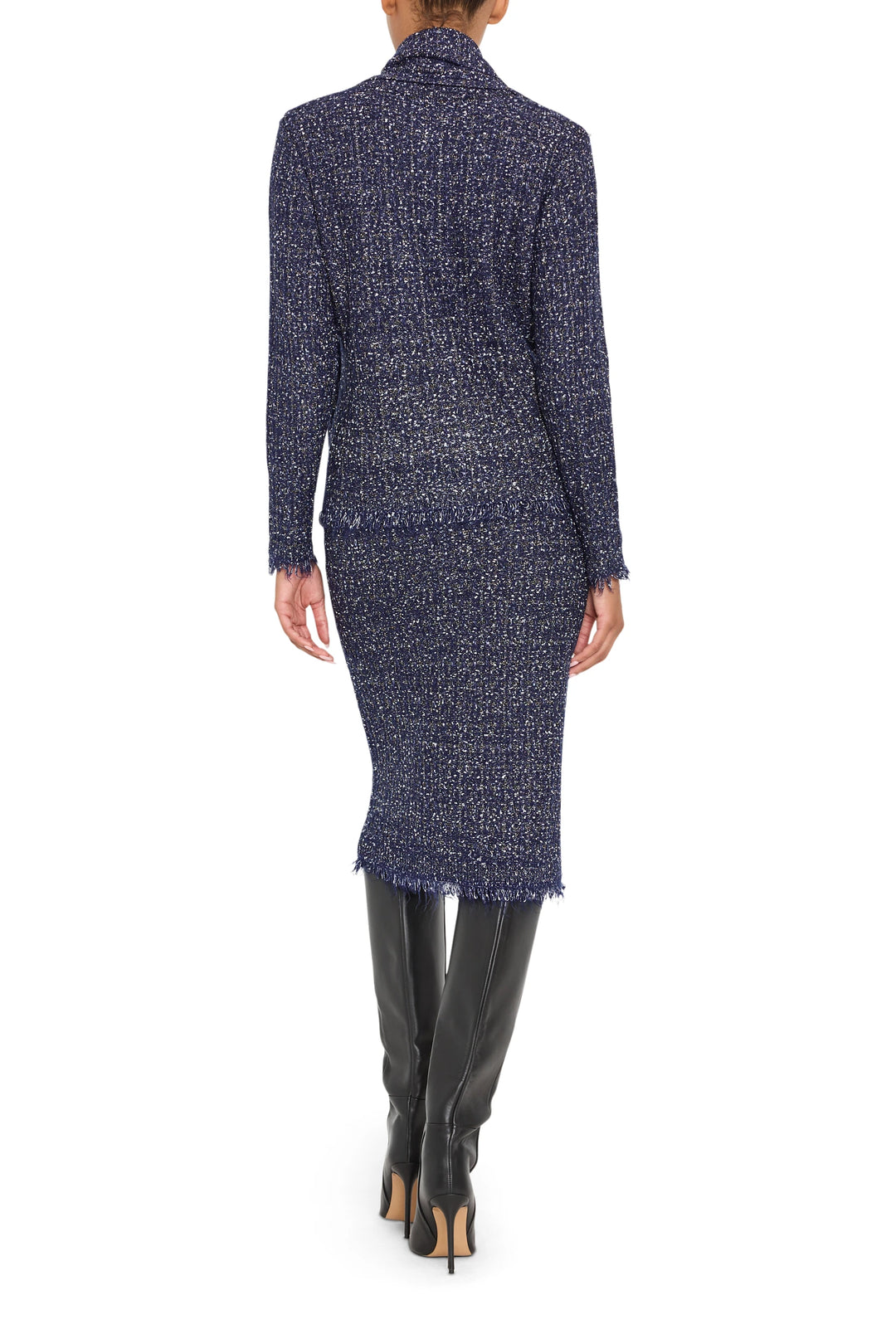 Navy tweed sweater cardigan with relaxed silhouette and ribbed trim, back view on model.