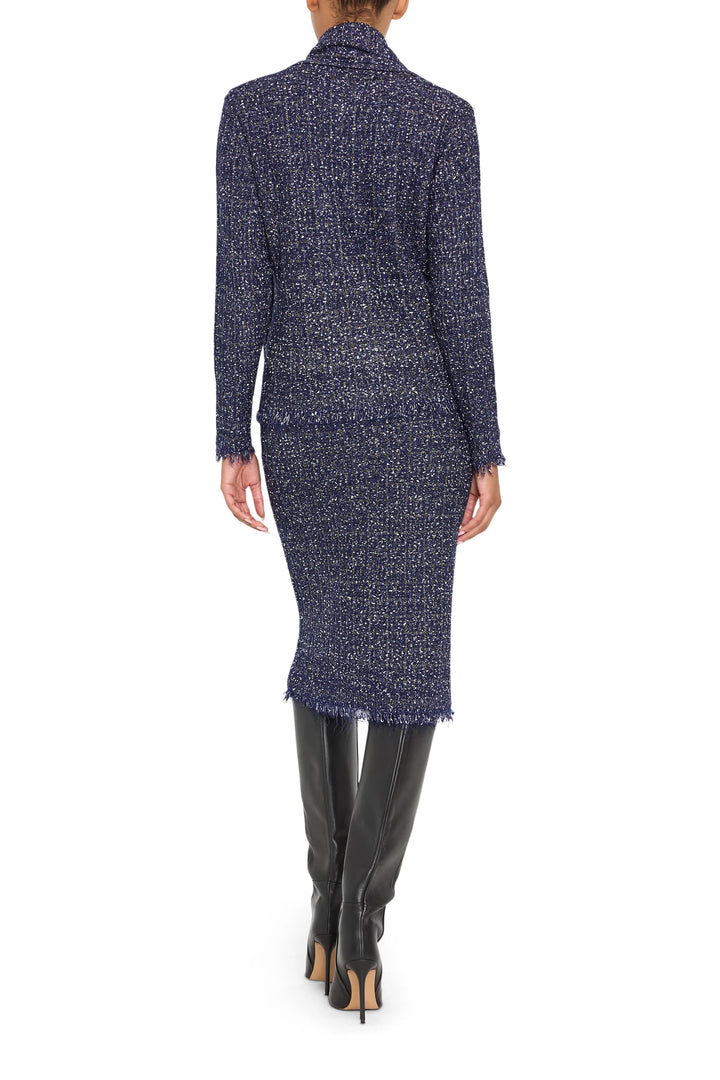Navy tweed sweater cardigan with relaxed silhouette and ribbed trim, back view on model.