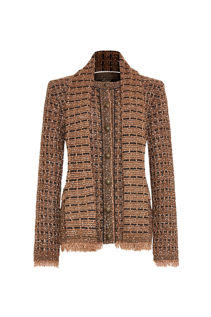 Cardigan with textured knit, front buttons, long sleeves, fringe trim at hem and cuffs; front view on white.
