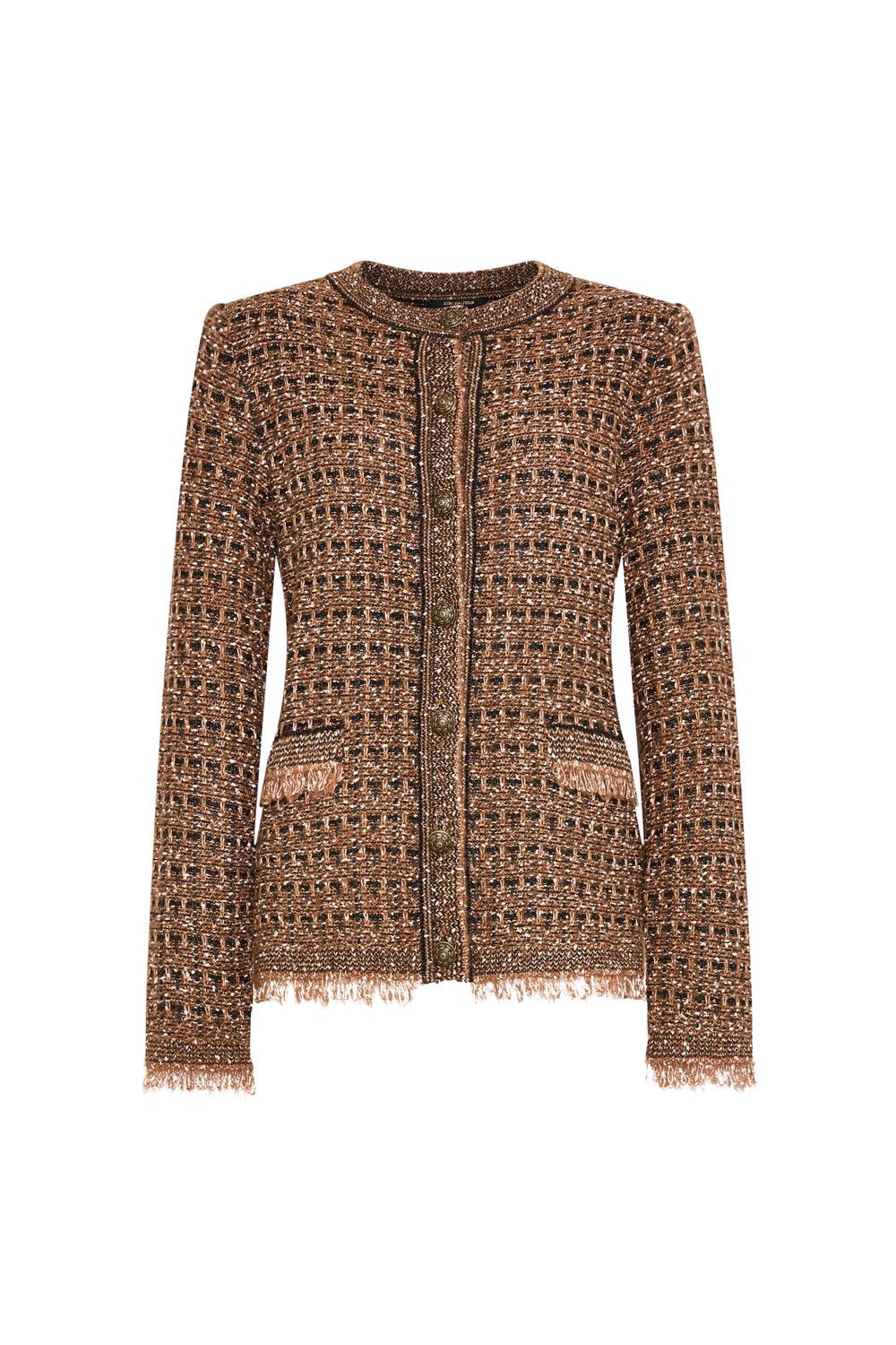 Boxy cardigan silhouette, tweed knit, black trim, front patch pockets, frayed edges; front view on white.