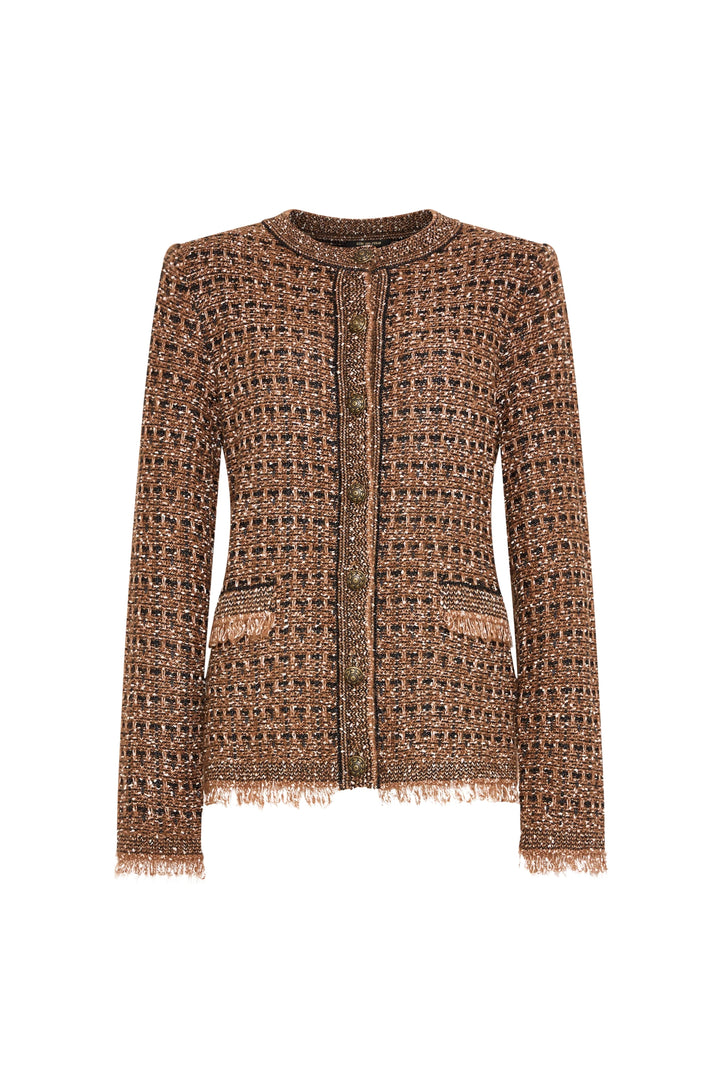 Boxy cardigan silhouette, tweed knit, black trim, front patch pockets, frayed edges; front view on white.