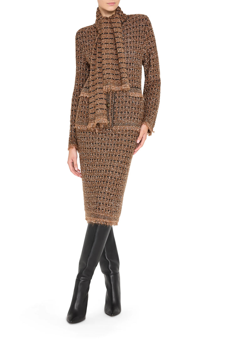 Relaxed-fit cardigan in tweed with front buttons, ribbed trim, and matching scarf; front view on white.