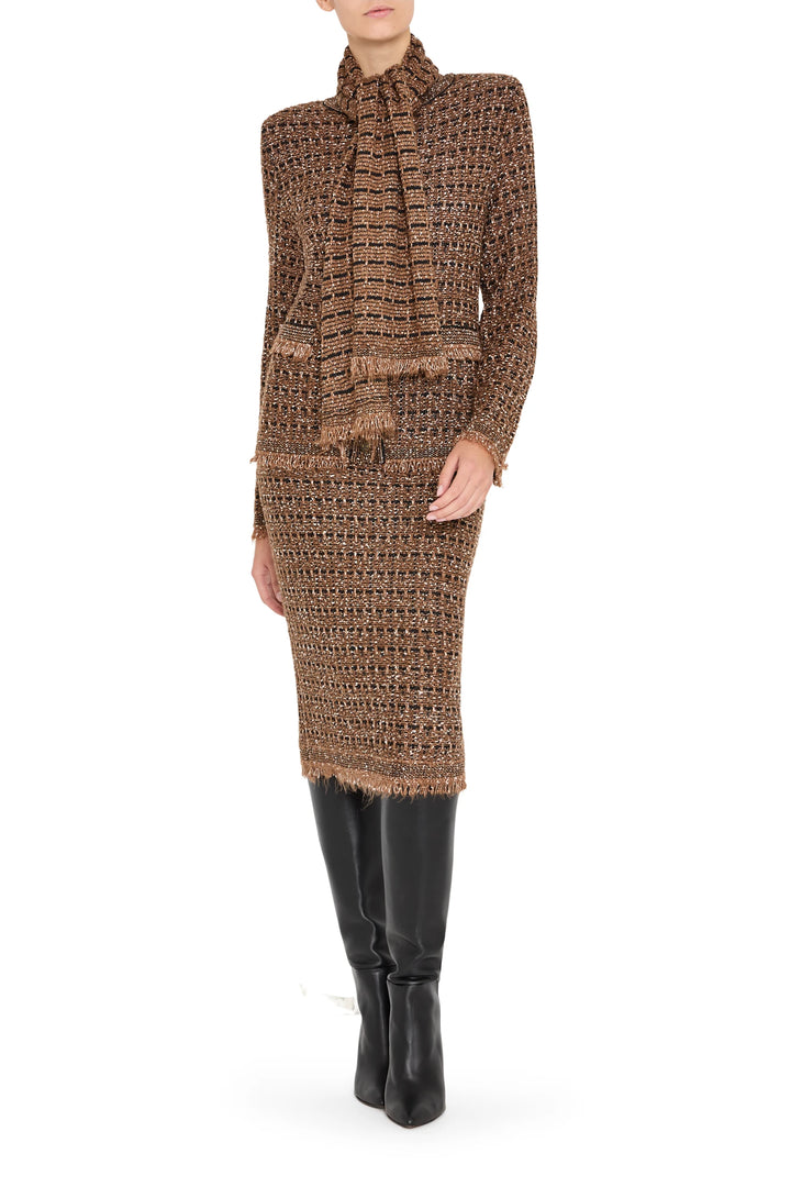 Tweed sweater cardigan with relaxed silhouette, front button closure, ribbed cuffs and hem; front view on model.