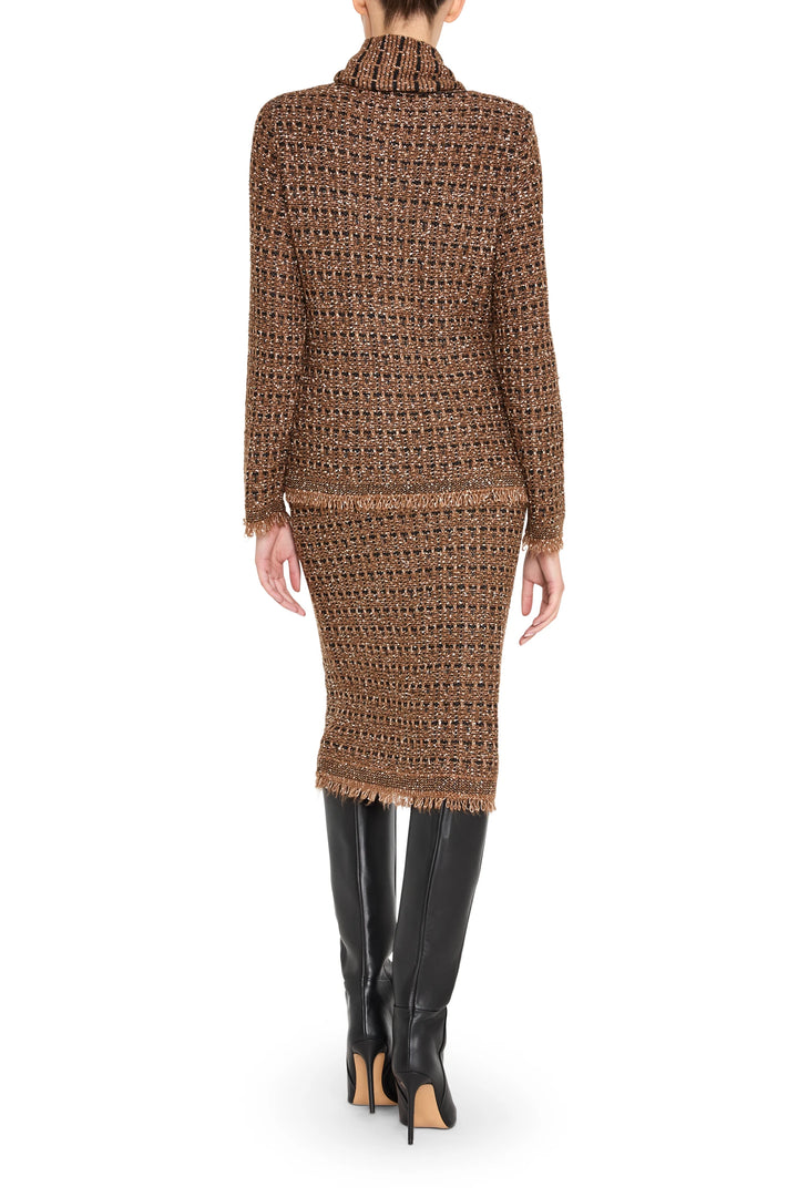 Tweed sweater cardigan with relaxed fit, ribbed hem, and button front. Back view on white.
