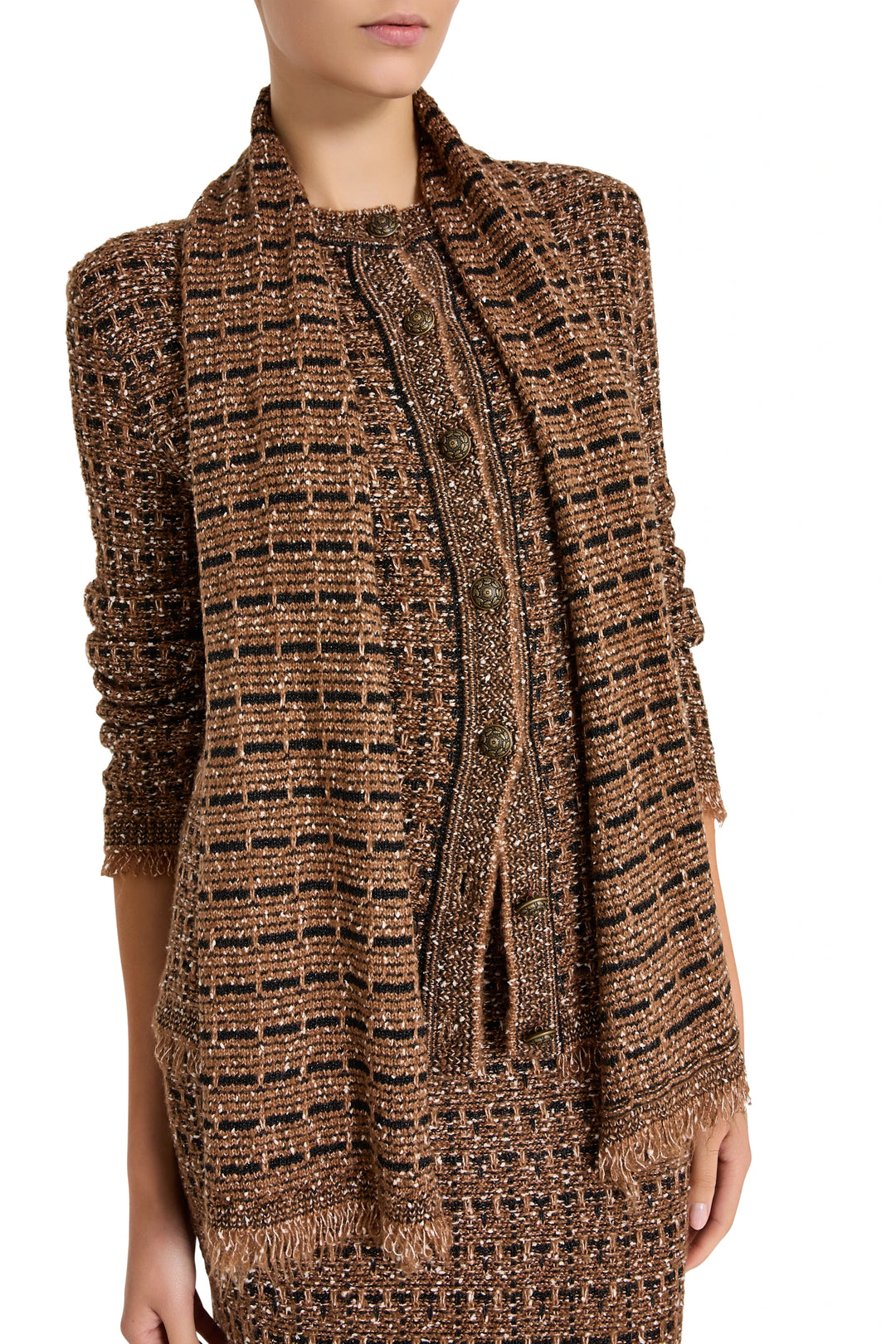 Cardigan with relaxed silhouette, tweed knit, button front, ribbed cuffs and hem; front view on model.
