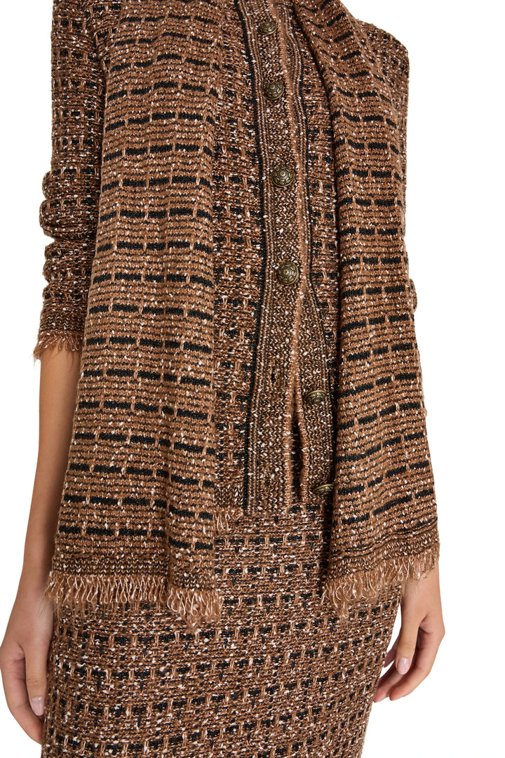 Cardigan with straight silhouette, textured tweed fabric, contrast trim accents; front view on model.