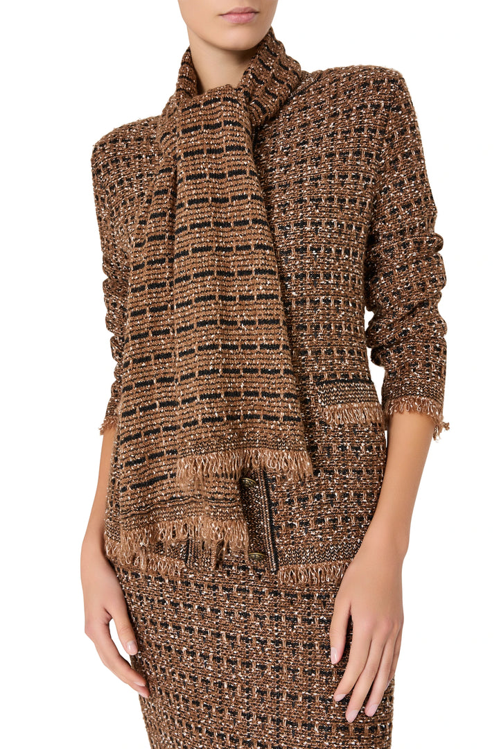 Relaxed-fit tweed sweater cardigan with ribbed cuffs, button front, soft knit texture; front view on white.