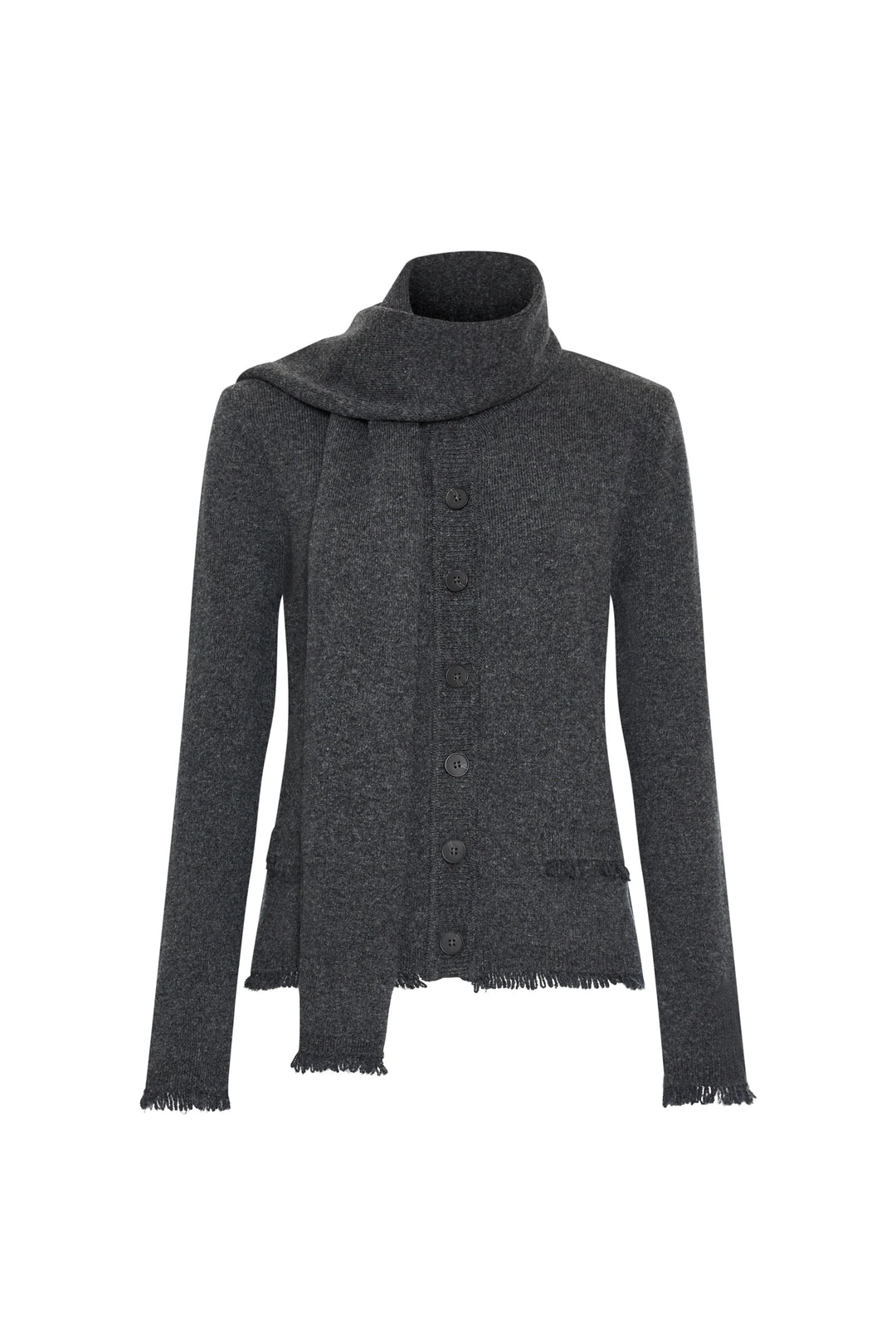 Dark gray felted wool cardigan with long sleeves, front buttons, and detachable scarf; front view on white.