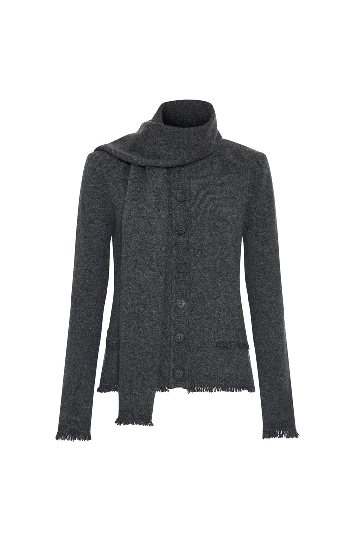 Dark gray felted wool cardigan with long sleeves, front buttons, and detachable scarf; front view on white.