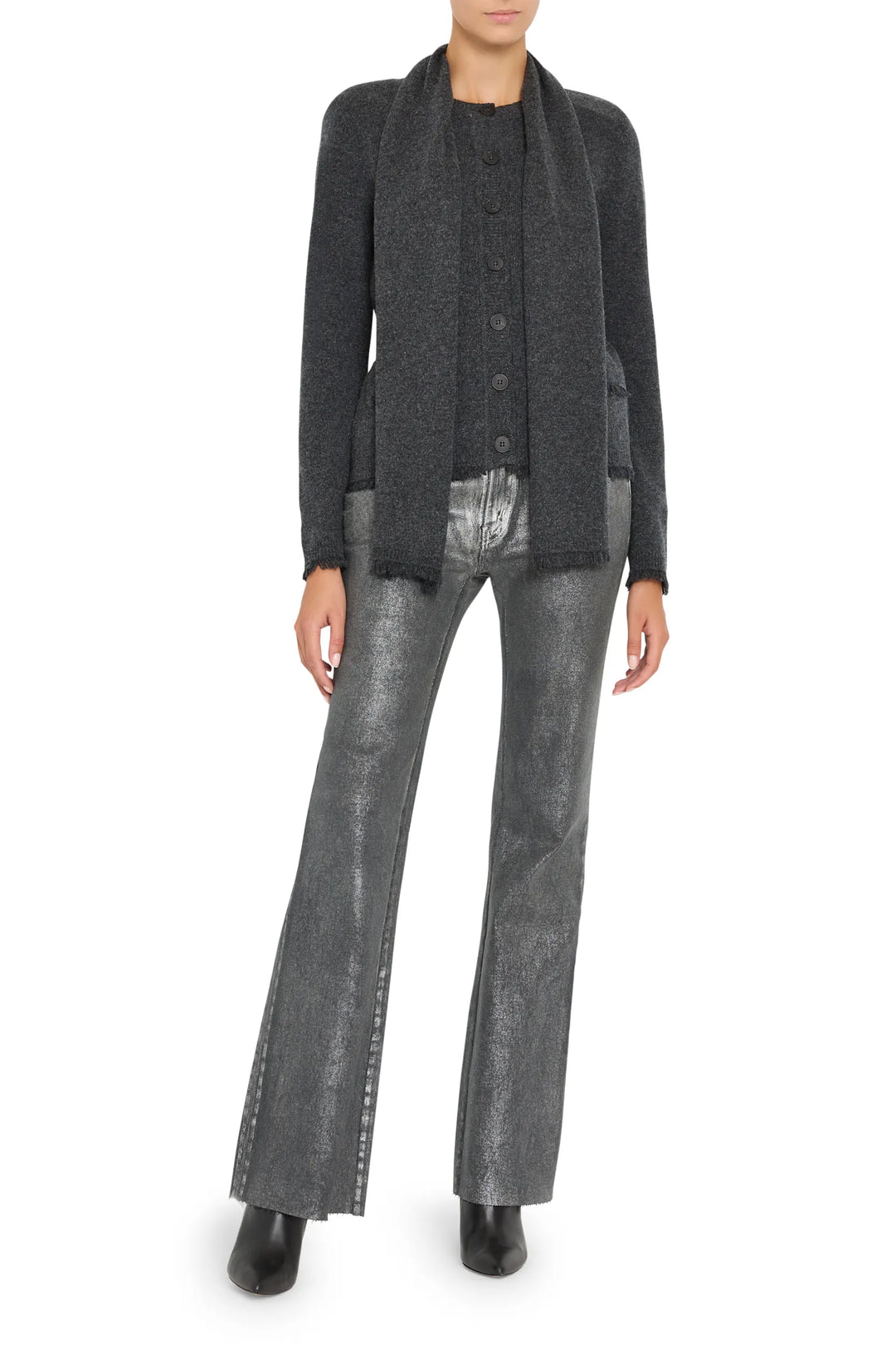 Relaxed-fit Gracie Cardigan with detachable scarf, ribbed knit, front buttons; front view on model.