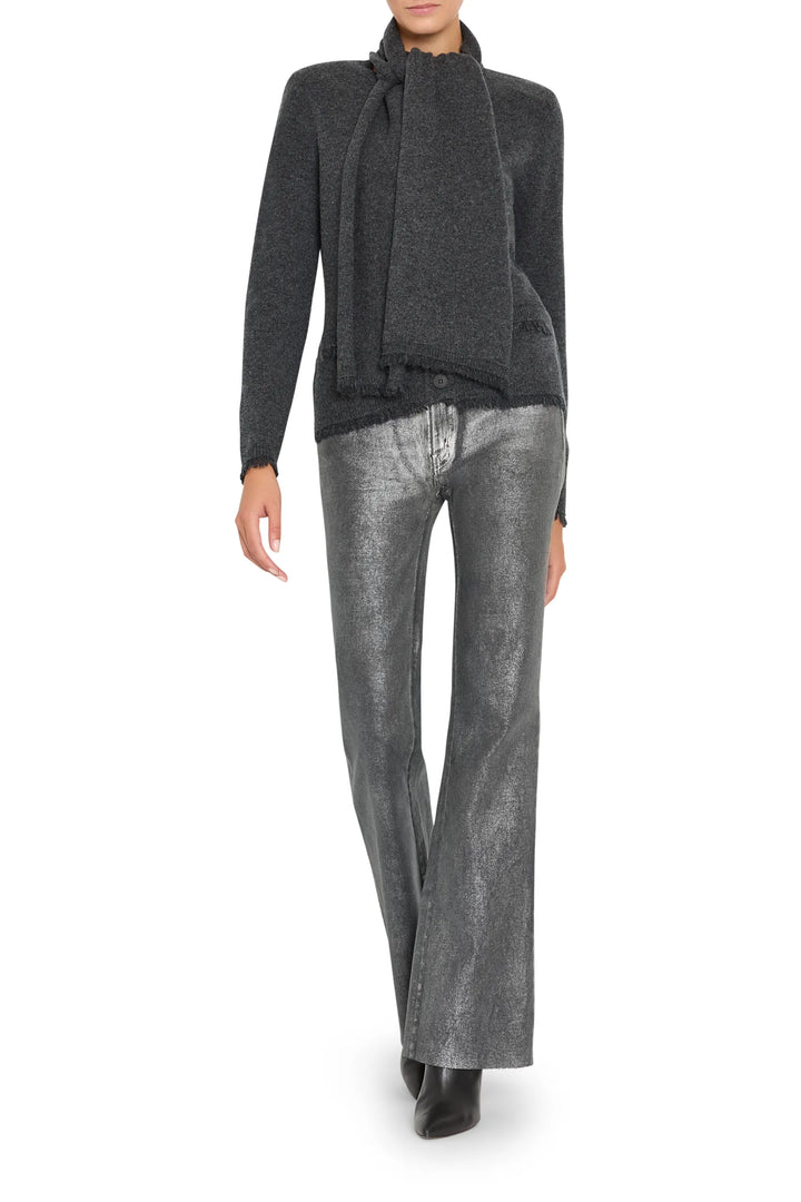 Relaxed-fit cardigan with detachable scarf, soft knit fabric, clean lines and ribbed trim; front view on model.