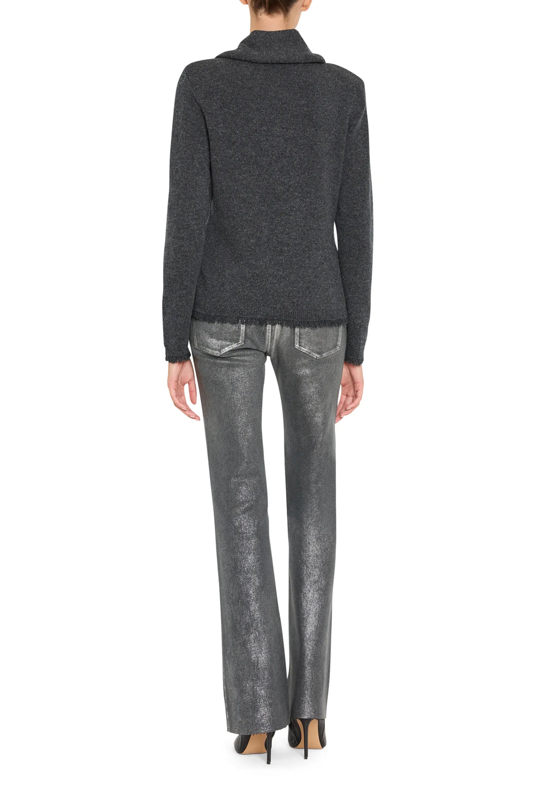 Relaxed-fit cardigan with detachable scarf, ribbed knit texture, long sleeves. Front view on white.
