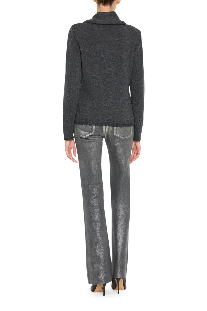 Relaxed-fit cardigan with detachable scarf, ribbed knit texture, long sleeves. Front view on white.