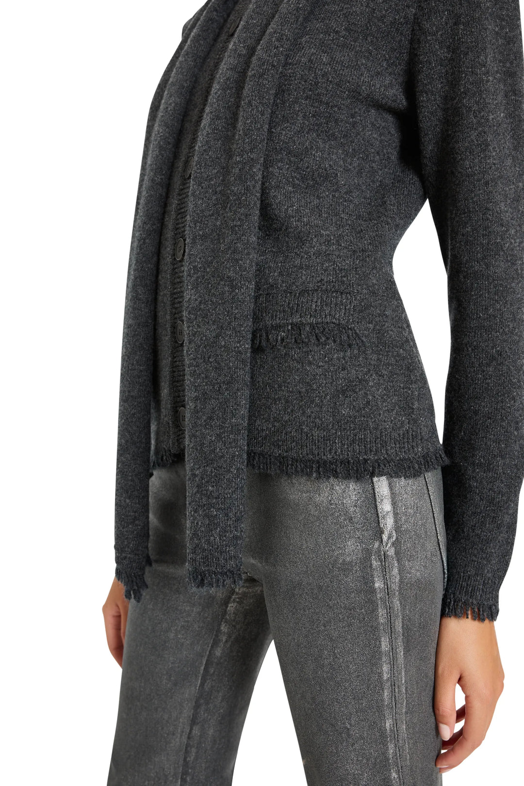 Dark gray cardigan with detachable scarf, relaxed fit, button front, ribbed knit; front view on model.
