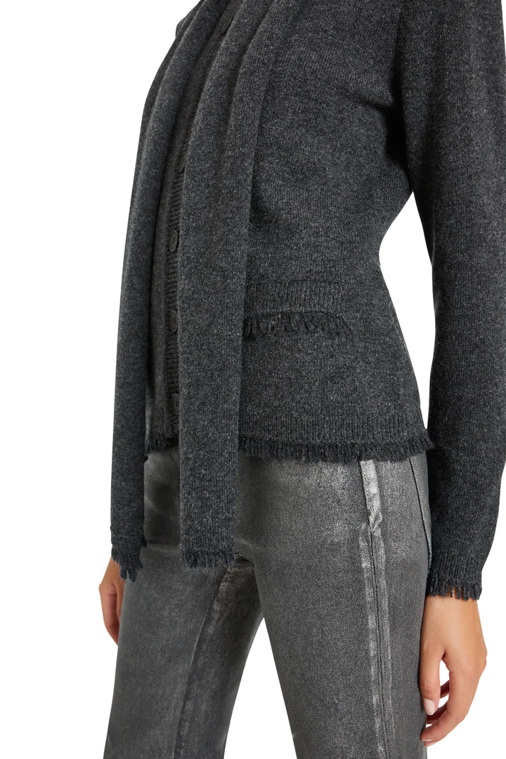 Dark gray cardigan with detachable scarf, relaxed fit, button front, ribbed knit; front view on model.