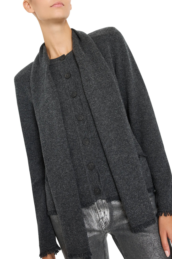 Boxy Gracie Cardigan in dark gray felted wool with detachable scarf, relaxed fit, ribbed cuffs; front view on model.