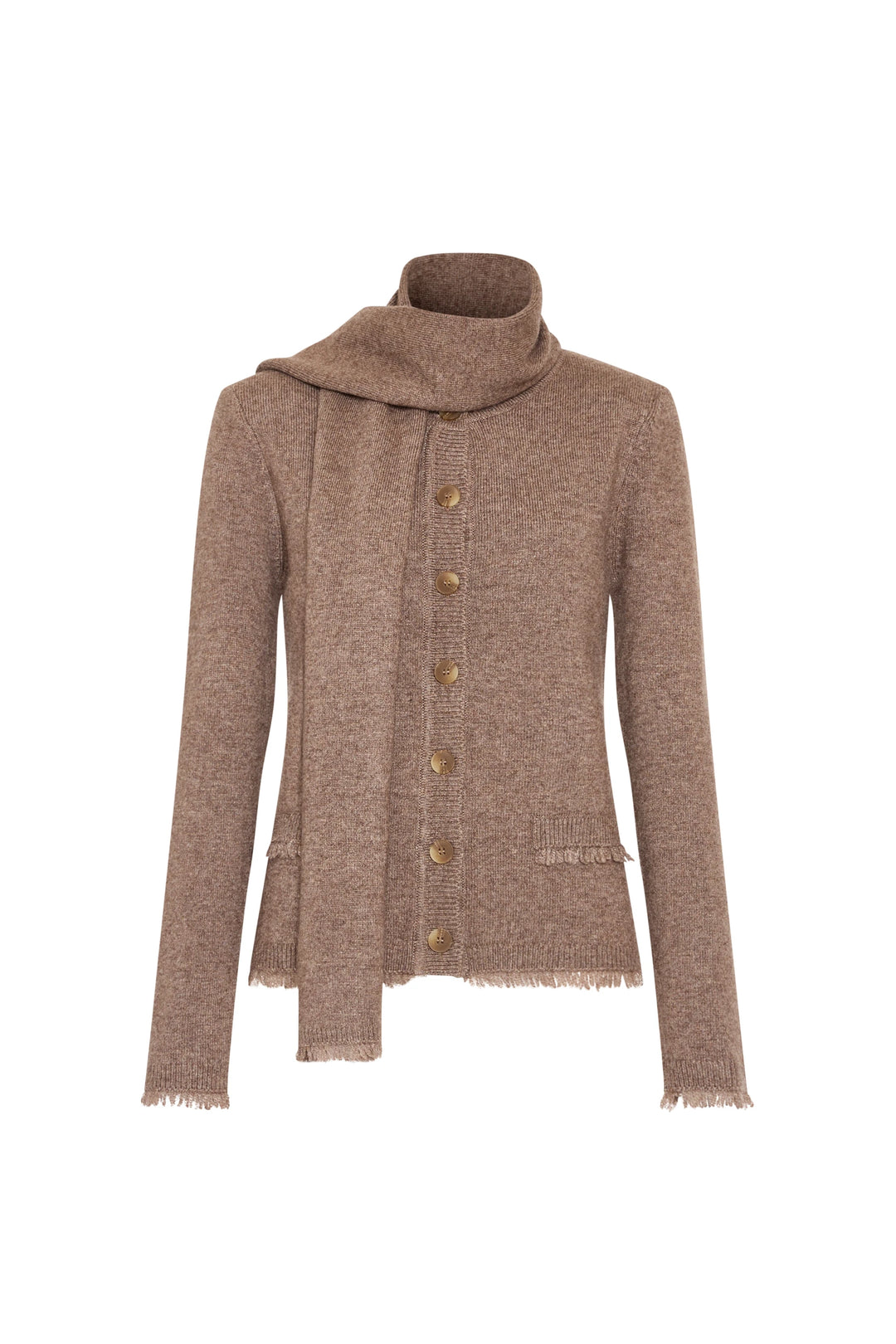 Cardigan with relaxed silhouette, front buttons, patch pockets, detachable scarf; knit fabric. Front view on white.
