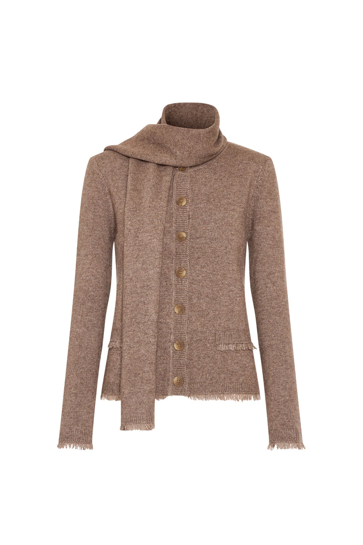 Cardigan with relaxed silhouette, front buttons, patch pockets, detachable scarf; knit fabric. Front view on white.