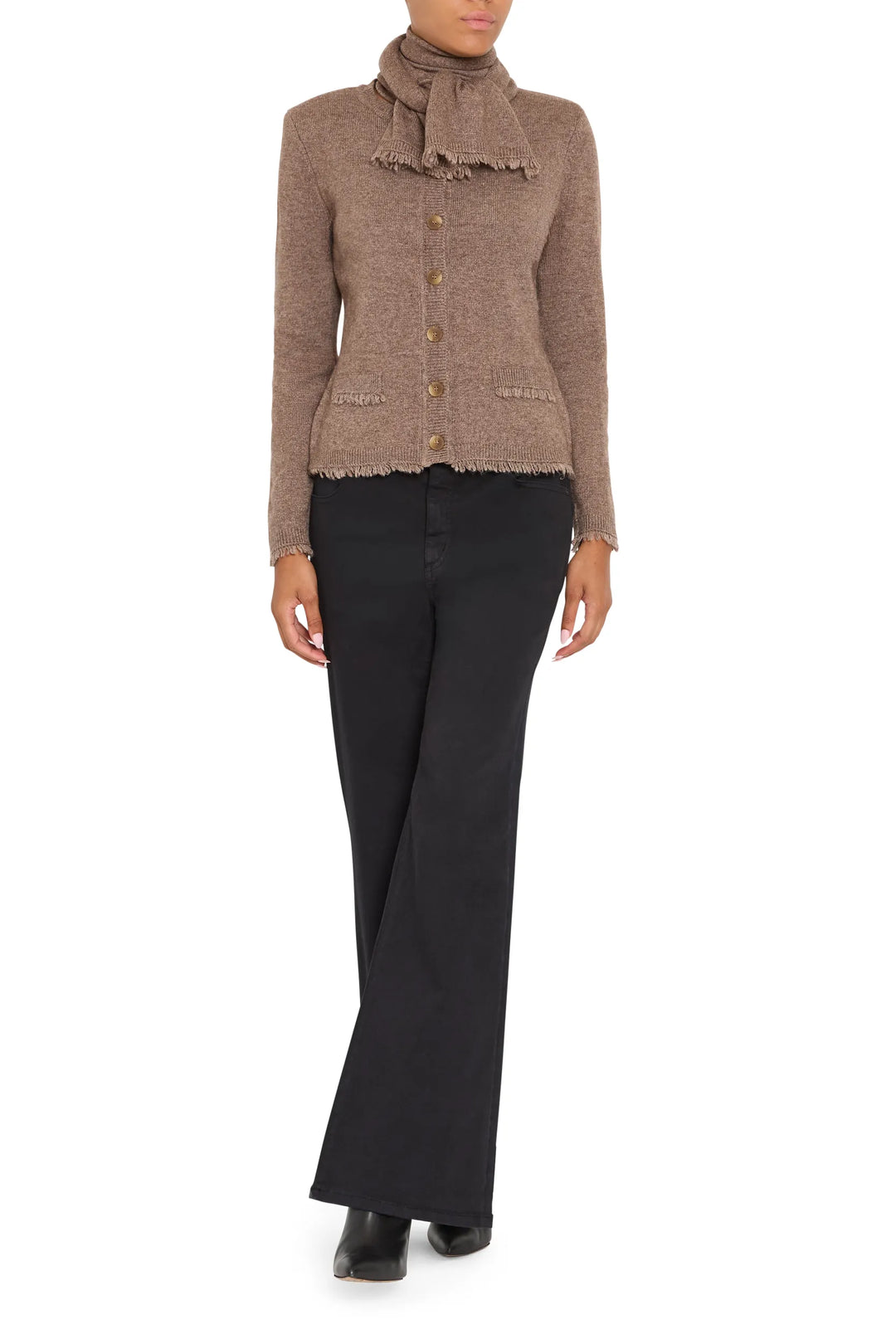 Relaxed-fit cardigan with detachable scarf, ribbed knit construction, dropped shoulders; front view on white.