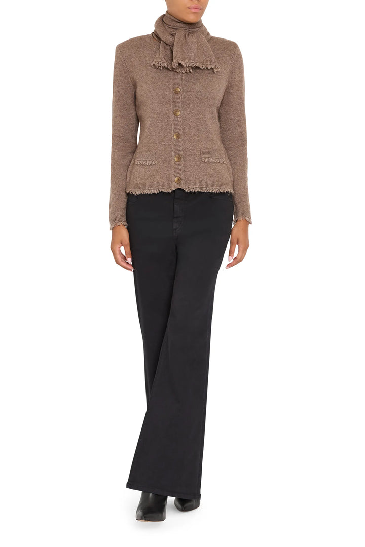 Relaxed-fit cardigan with detachable scarf, ribbed knit construction, dropped shoulders; front view on white.