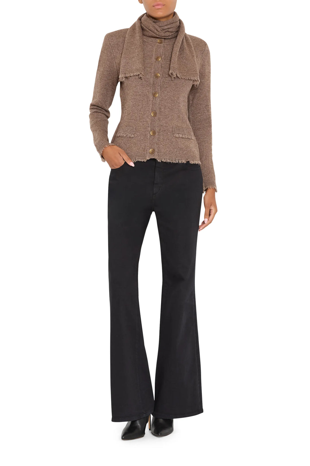 Relaxed-fit Gracie Cardigan with detachable scarf, soft knit fabric, minimal detailing; front view on white.