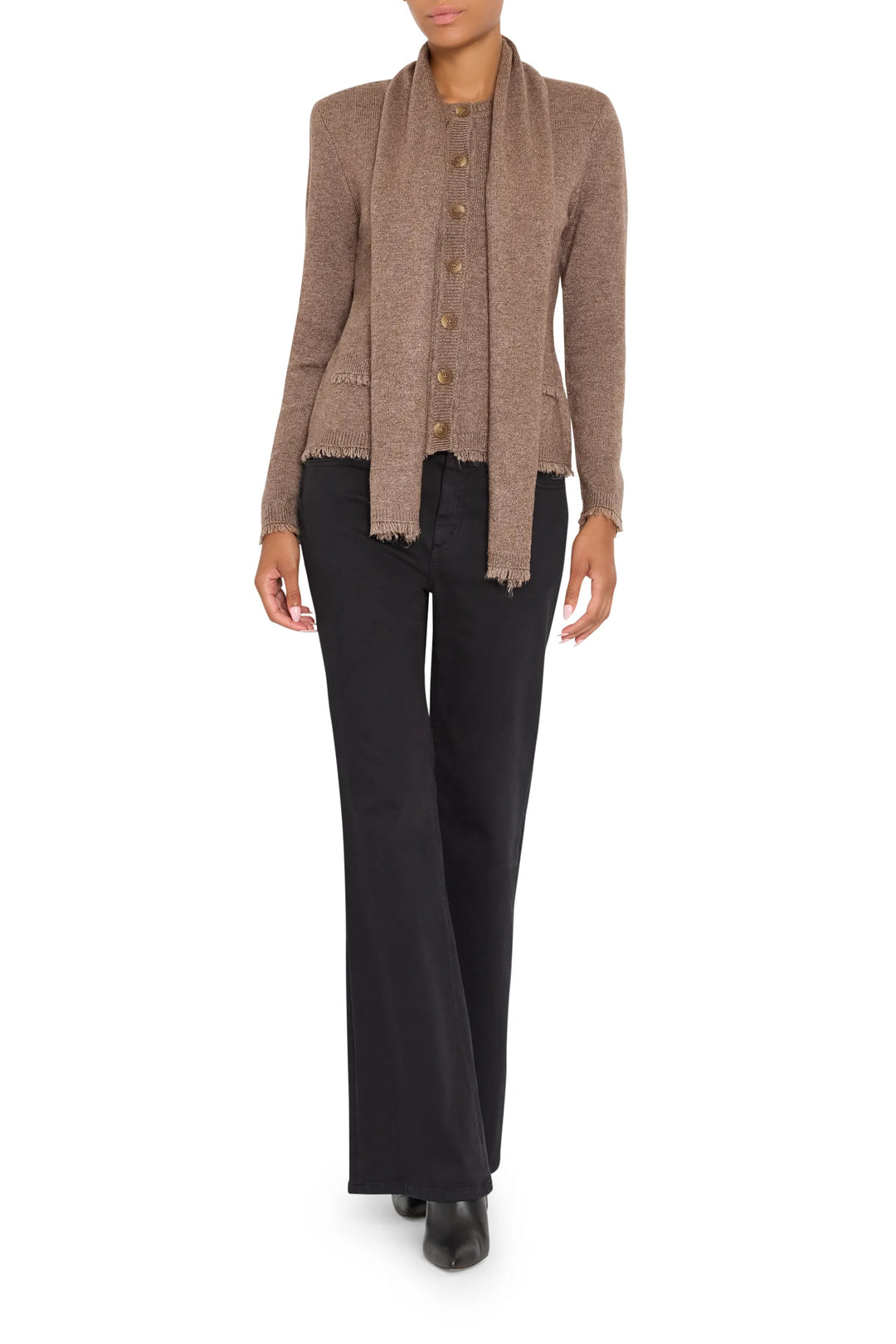 Relaxed-fit cardigan with detachable scarf, fine knit construction, clean lines. Front view on model.