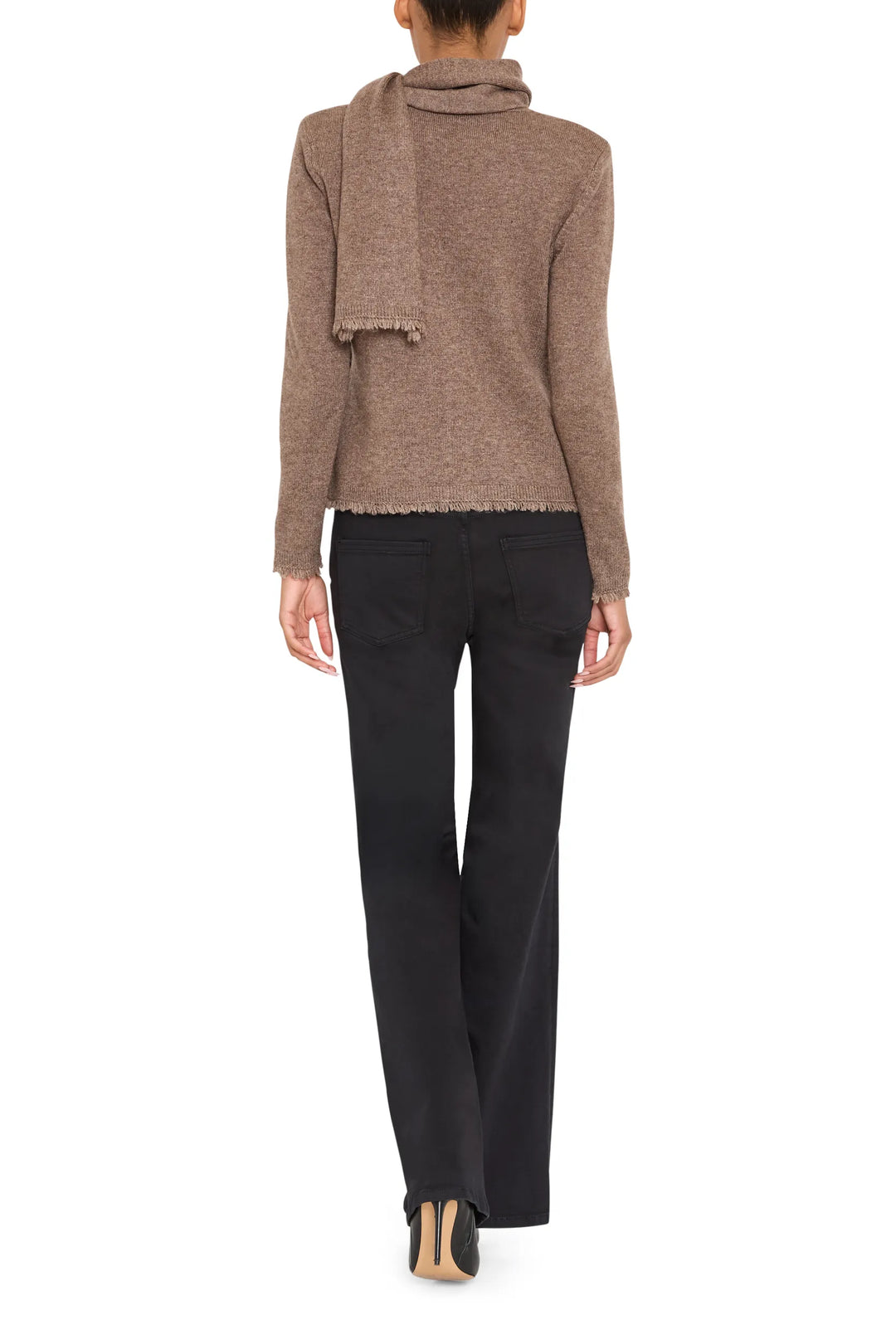 Relaxed-fit cardigan with detachable scarf, fine knit, draped silhouette. Back view on white.