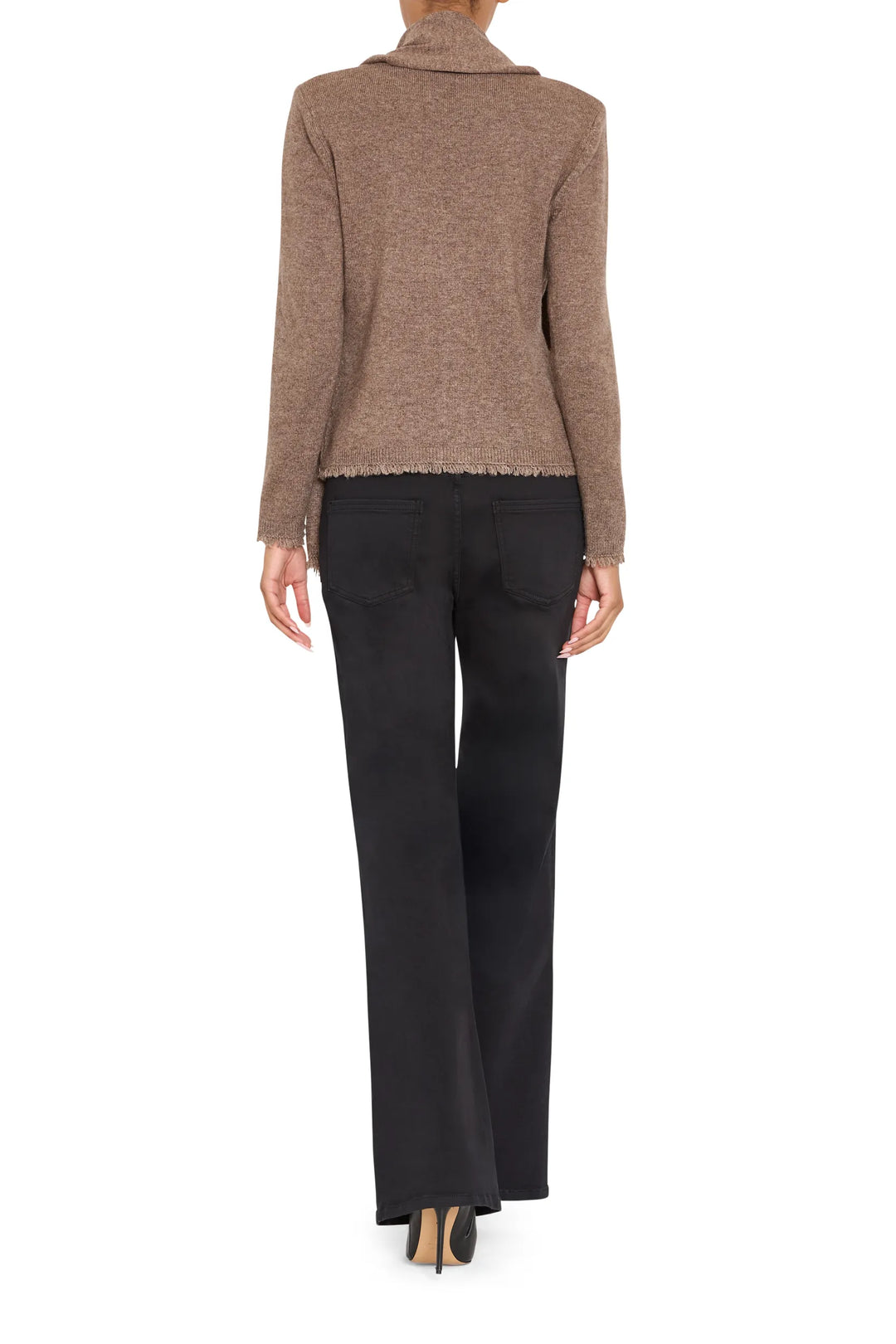 Relaxed-fit Gracie Cardigan with detachable scarf, soft knit, ribbed cuffs and hem; back view on model.