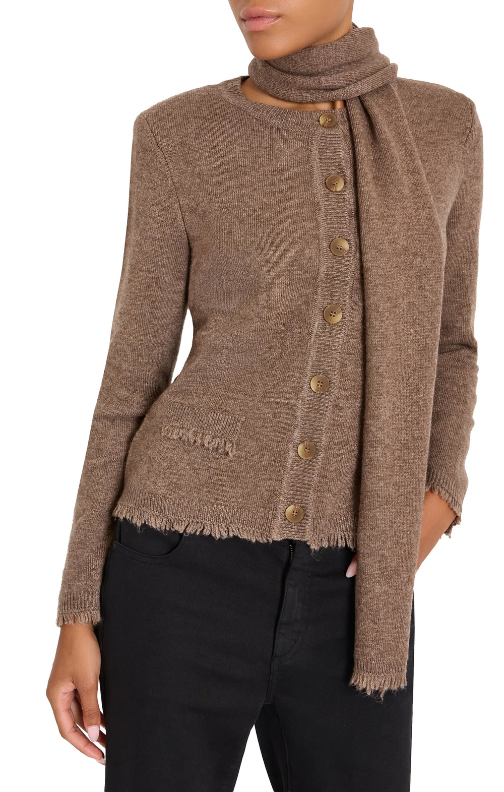 Brown wool cardigan with detachable scarf, fringe trim, relaxed silhouette; front view on model.