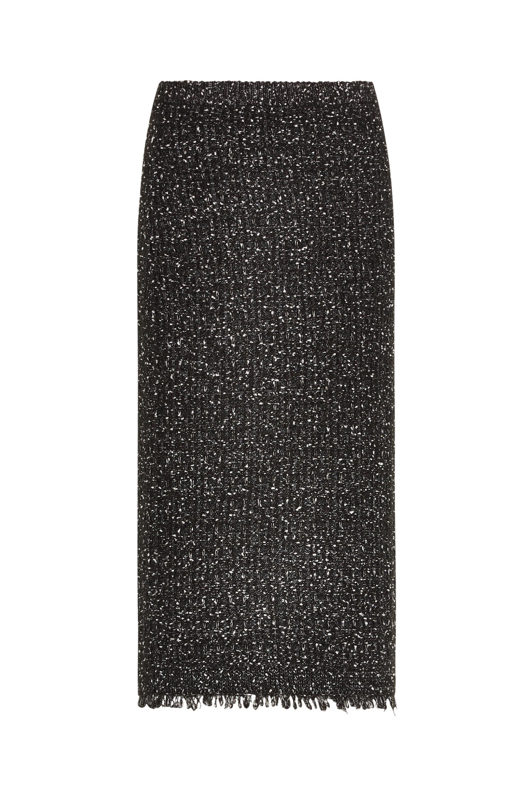 Black tweed sweater skirt with textured pattern and frayed hem, straight silhouette. Front view on white.