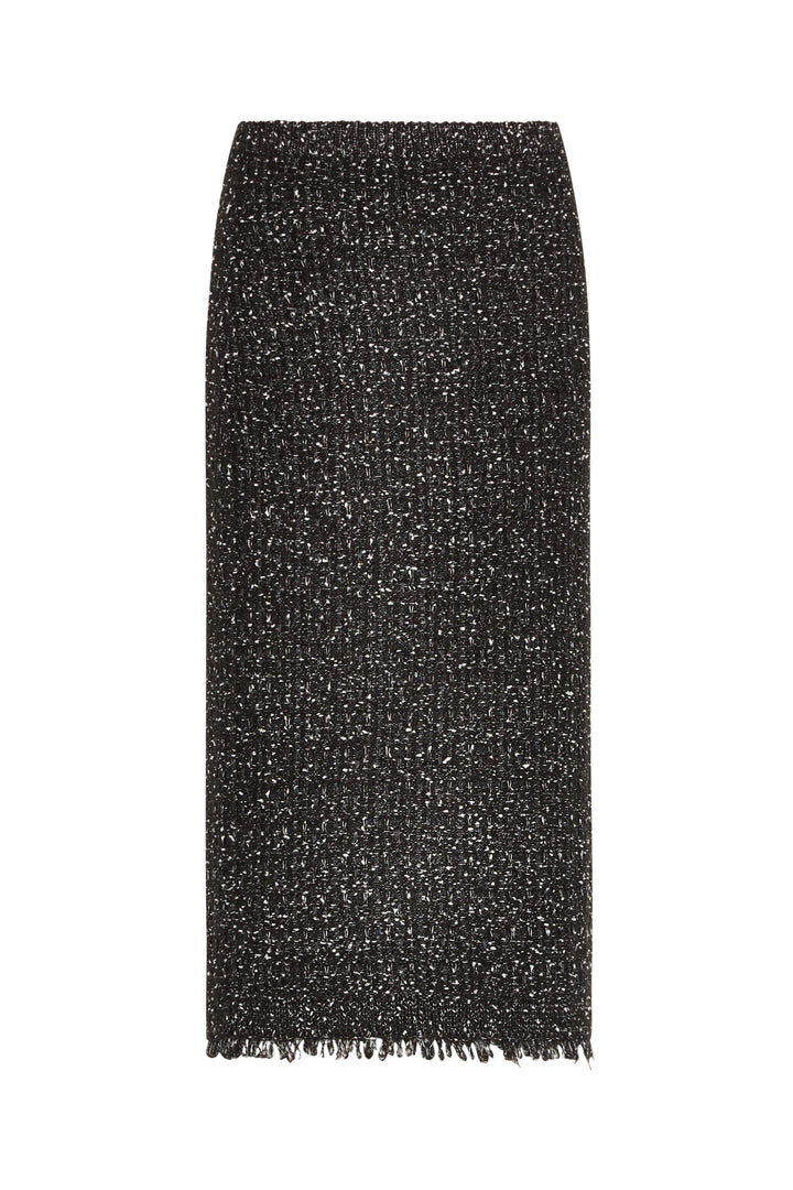 Black tweed sweater skirt with textured pattern and frayed hem, straight silhouette. Front view on white.