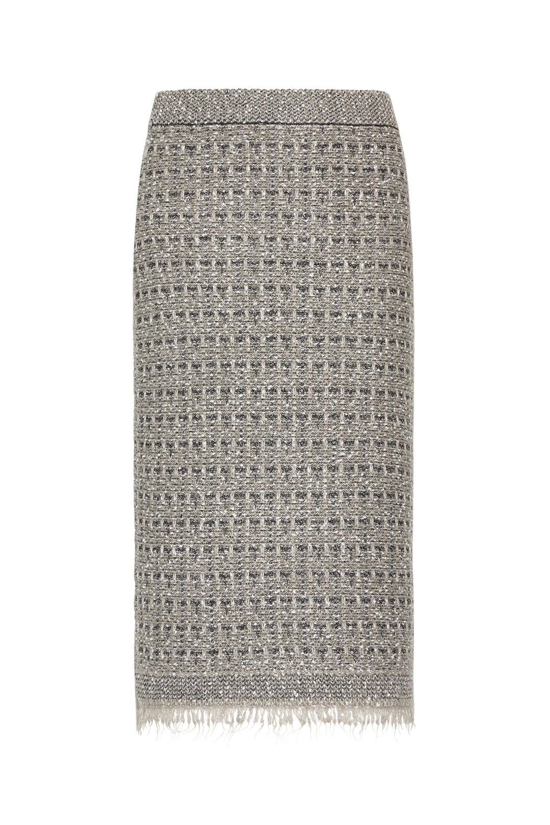 Midi A-line skirt in gray check tweed, fringed hem, soft sweater knit texture; front view on white.