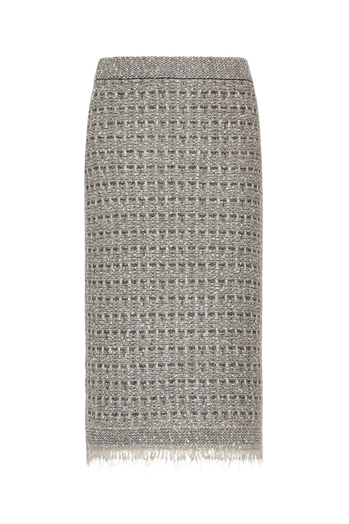 Midi A-line skirt in gray check tweed, fringed hem, soft sweater knit texture; front view on white.