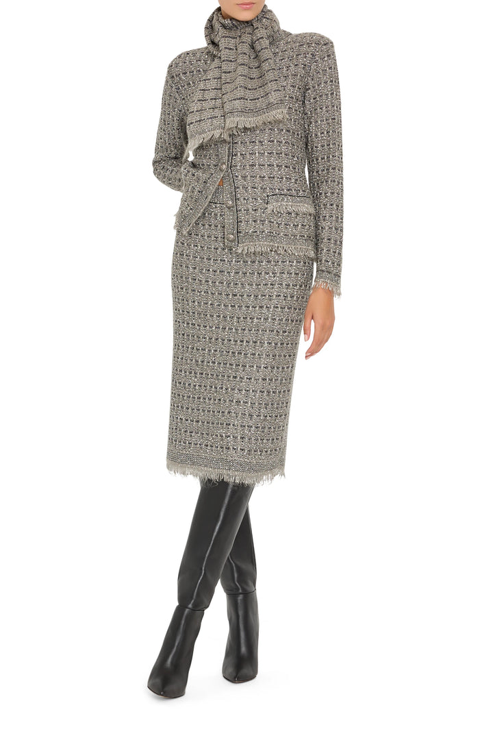 Juliette Tweed Sweater Skirt, straight silhouette, textured tweed knit, ribbed waistband, front view on white.