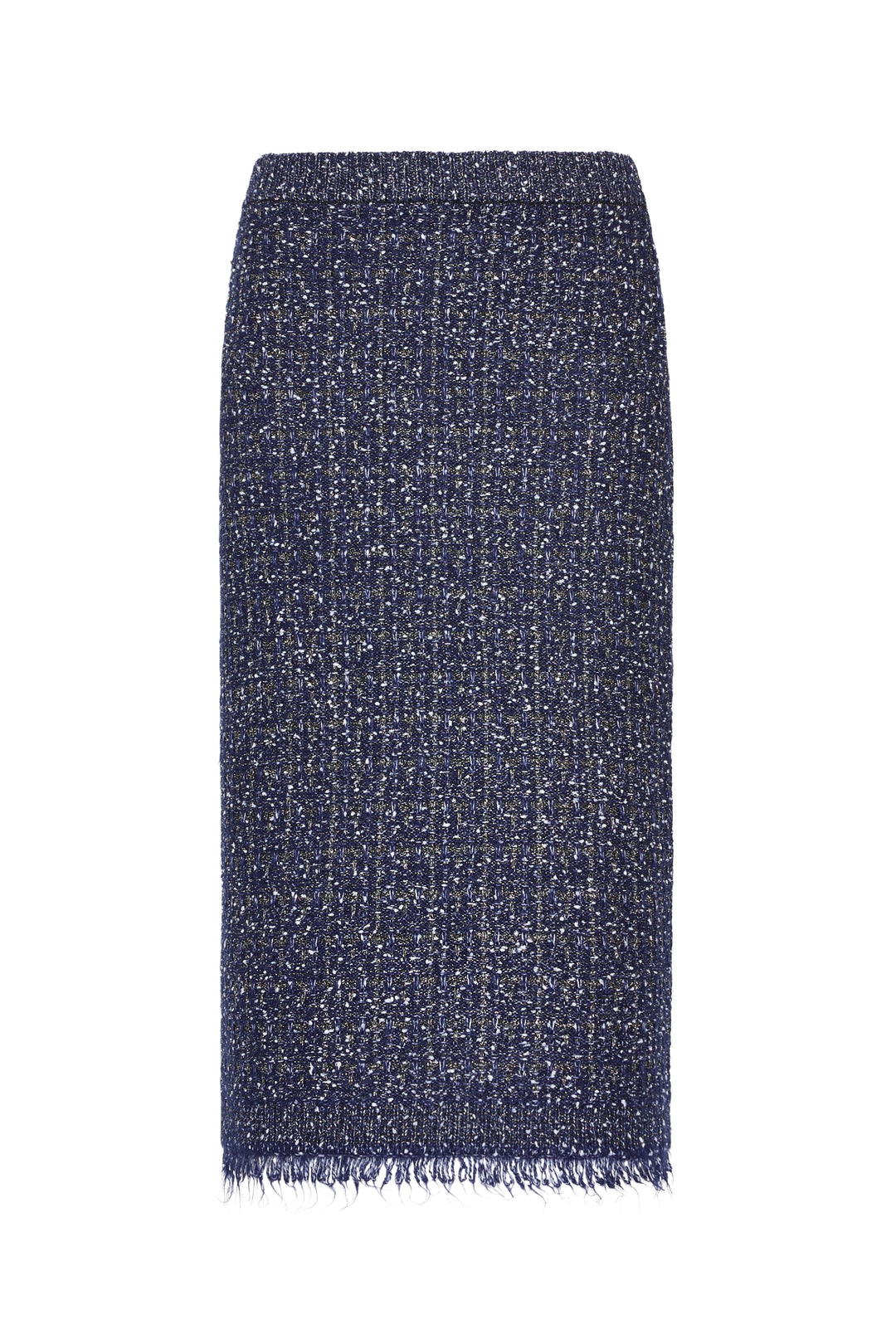 Midi silhouette navy tweed skirt with subtle hem fringe, tailored waist; front view on white.