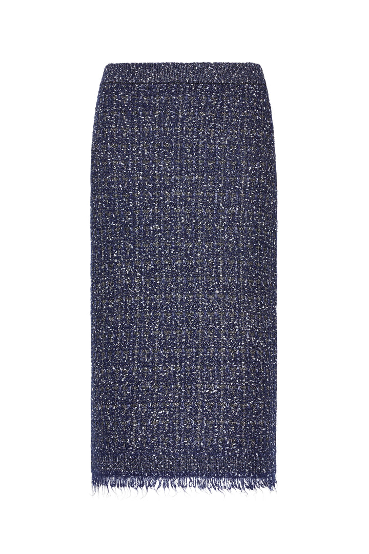 Midi silhouette navy tweed skirt with subtle hem fringe, tailored waist; front view on white.