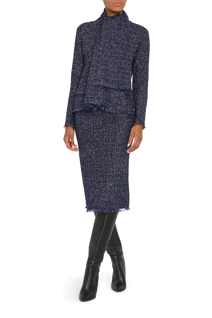 Juliette Tweed Sweater Skirt with straight silhouette, soft tweed knit, pull-on waist; front view on model.
