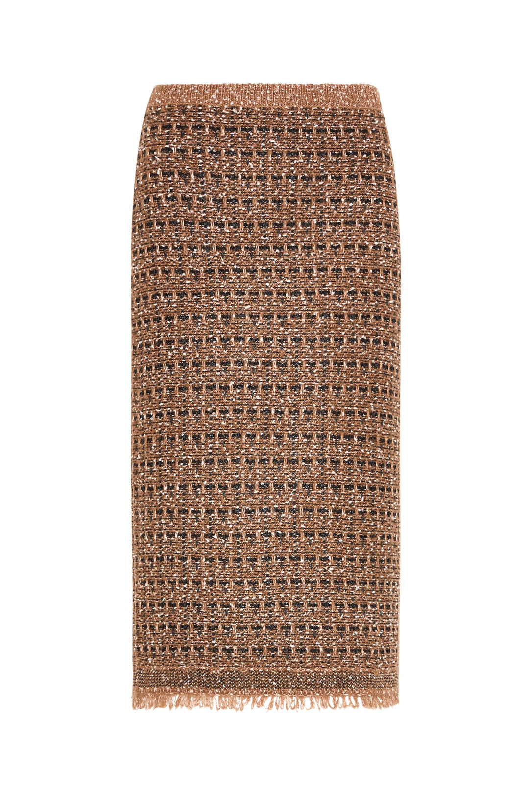 Checkered pencil skirt with fringe hem, tweed fabric, fitted silhouette; front view on white.