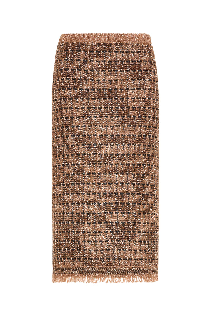 Checkered pencil skirt with fringe hem, tweed fabric, fitted silhouette; front view on white.
